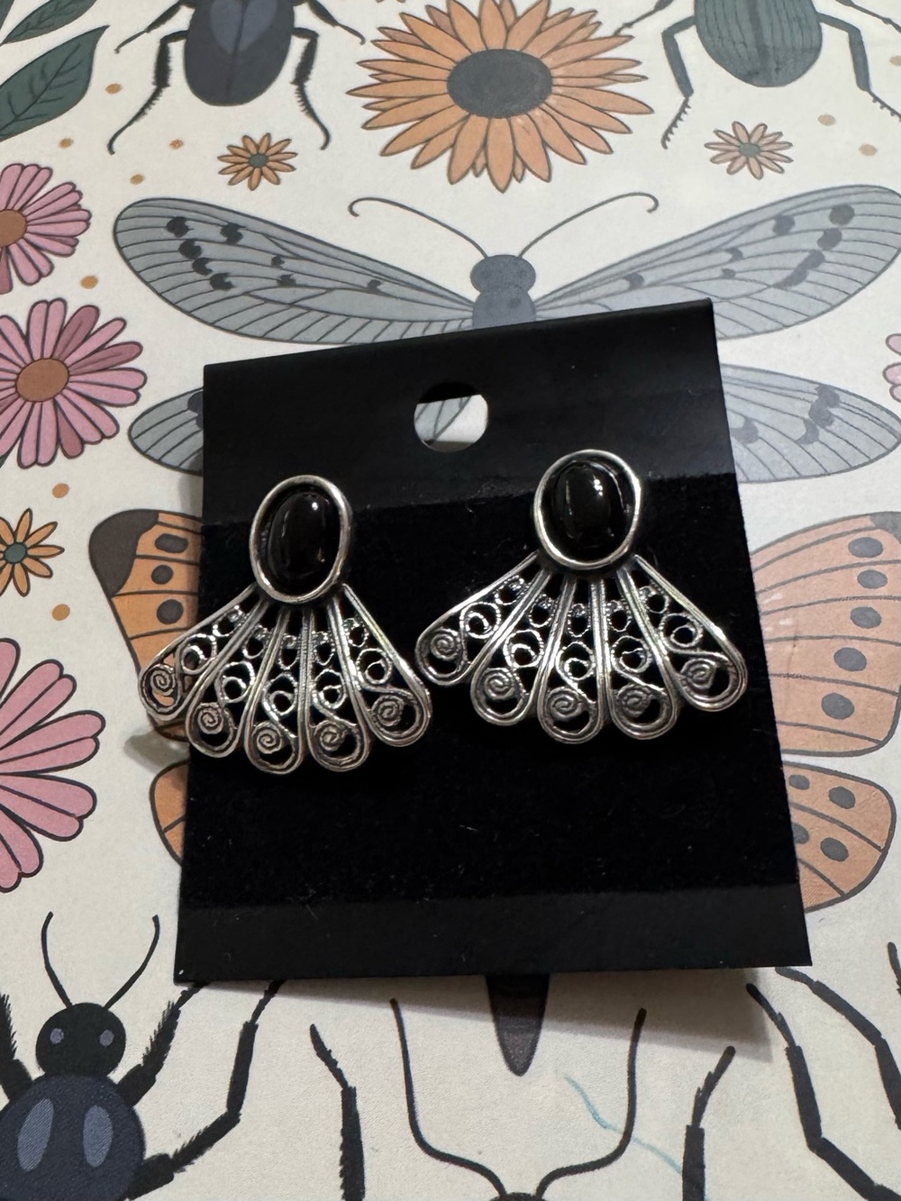 Vintage,90s, black Onyx, sterling,filigree,Drop Earrings,Victorian fan style 🇬🇧